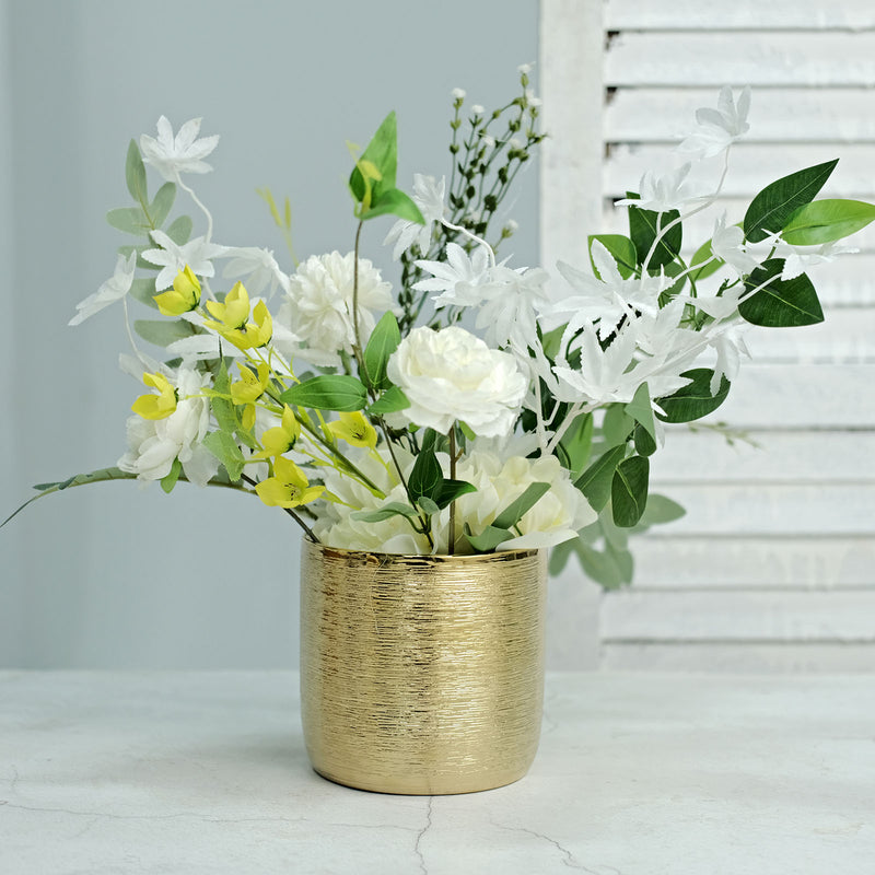 2 Pack Gold Textured Round Ceramic Flower Plant Pots, Cylindrical Metallic Gold Brushed Indoor Planter Pot 5