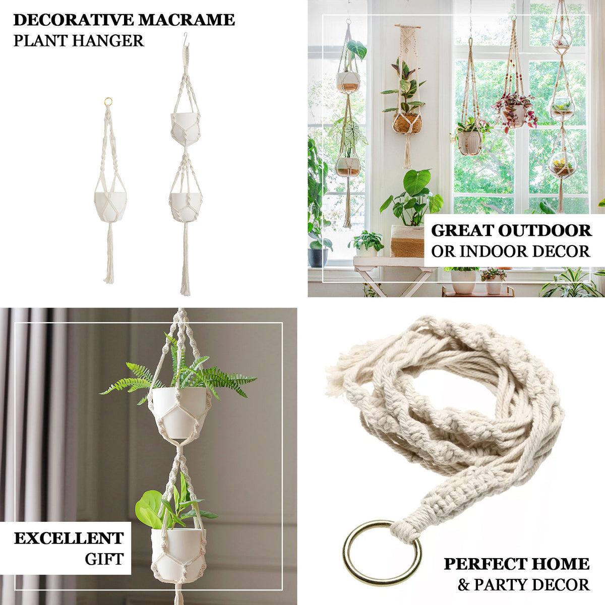 2 arm plant hanger 2-Tier Cotton Rope Hanging Planter Basket Double Ivory With Tassels | Indoor Boho Flower Pot Holder