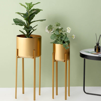 gold plant pot, metal plant stand indoor, planter with gold stand, tall plant stand indoor, pedestal plant stand#color_gold