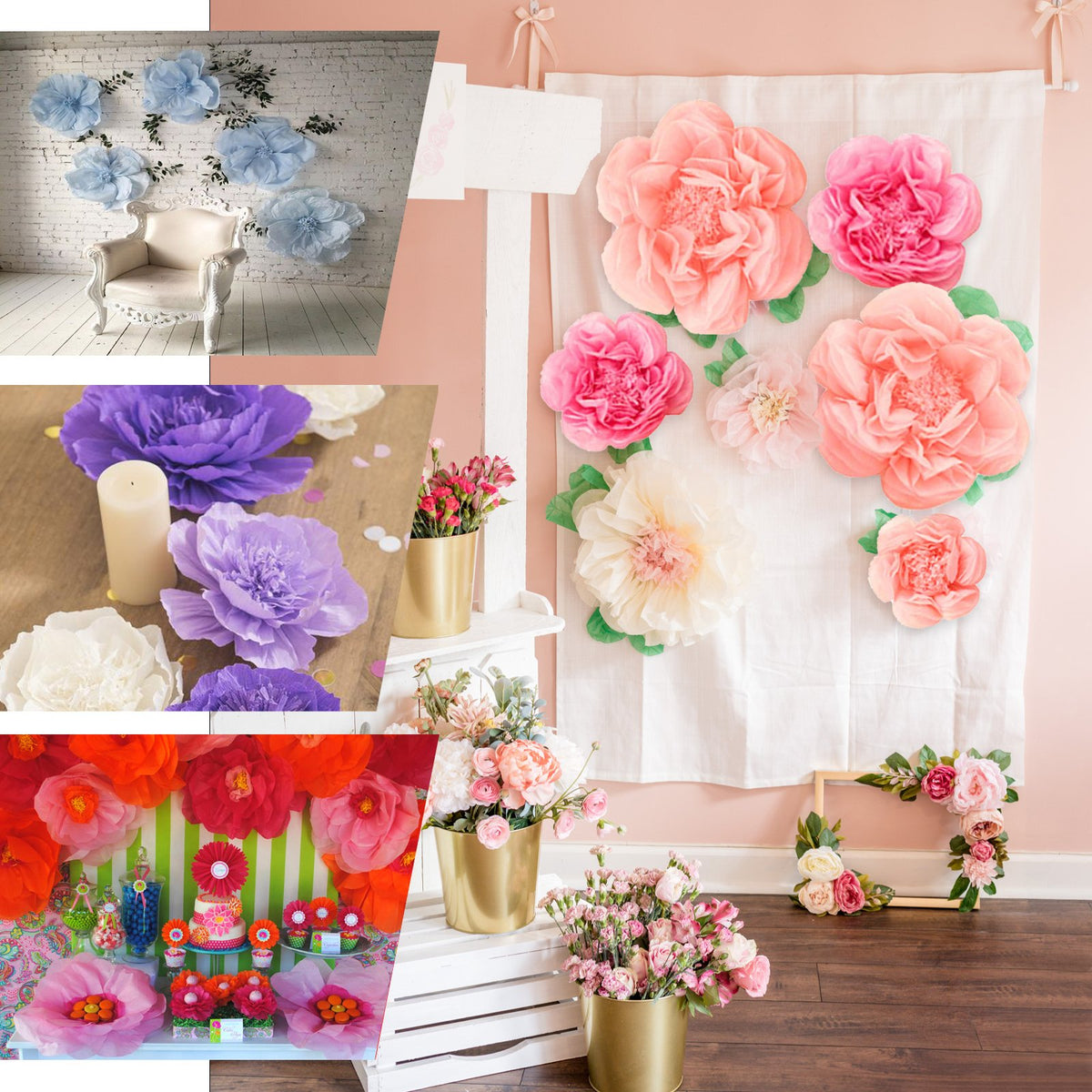 Paper Flowers Tissue Paper Decorations , Flower Wall Backdrop