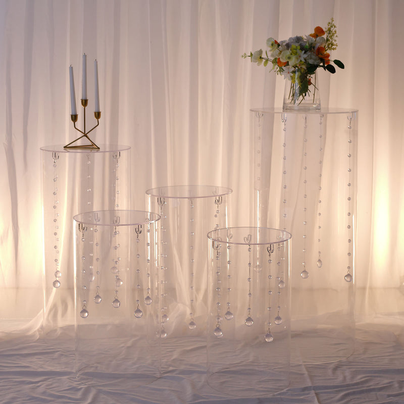 Set of 5 Clear Acrylic Cylinder Plinth Display Box Stands, Pillar Pedestal Props With Hanging Hooks