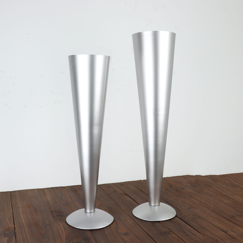 Tall Brushed Silver Metal Trumpet Flower Vase Centerpiece