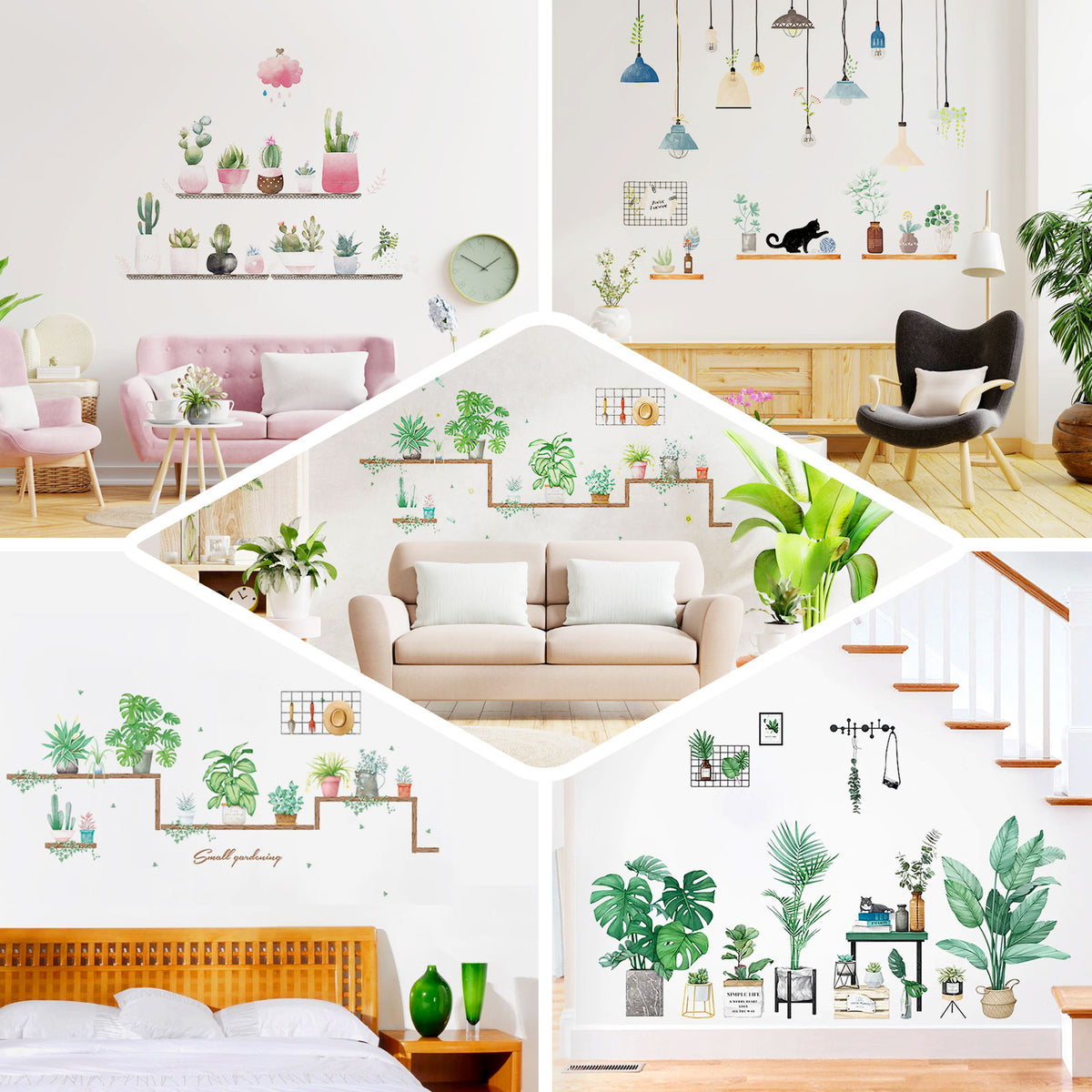 succulent wall decal Green Potted Plants On Shelves Wall Decals, Tropical Art Decor Stickers