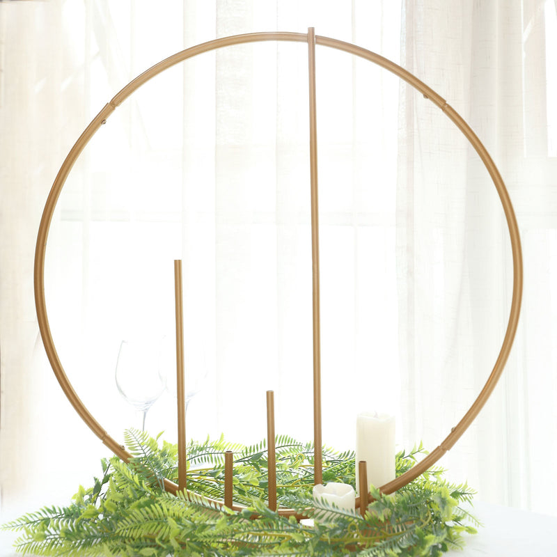 Gold Metal Round Floral Hoop Table Centerpiece With Pillars, Self Standing Balloon Arch Frame 24