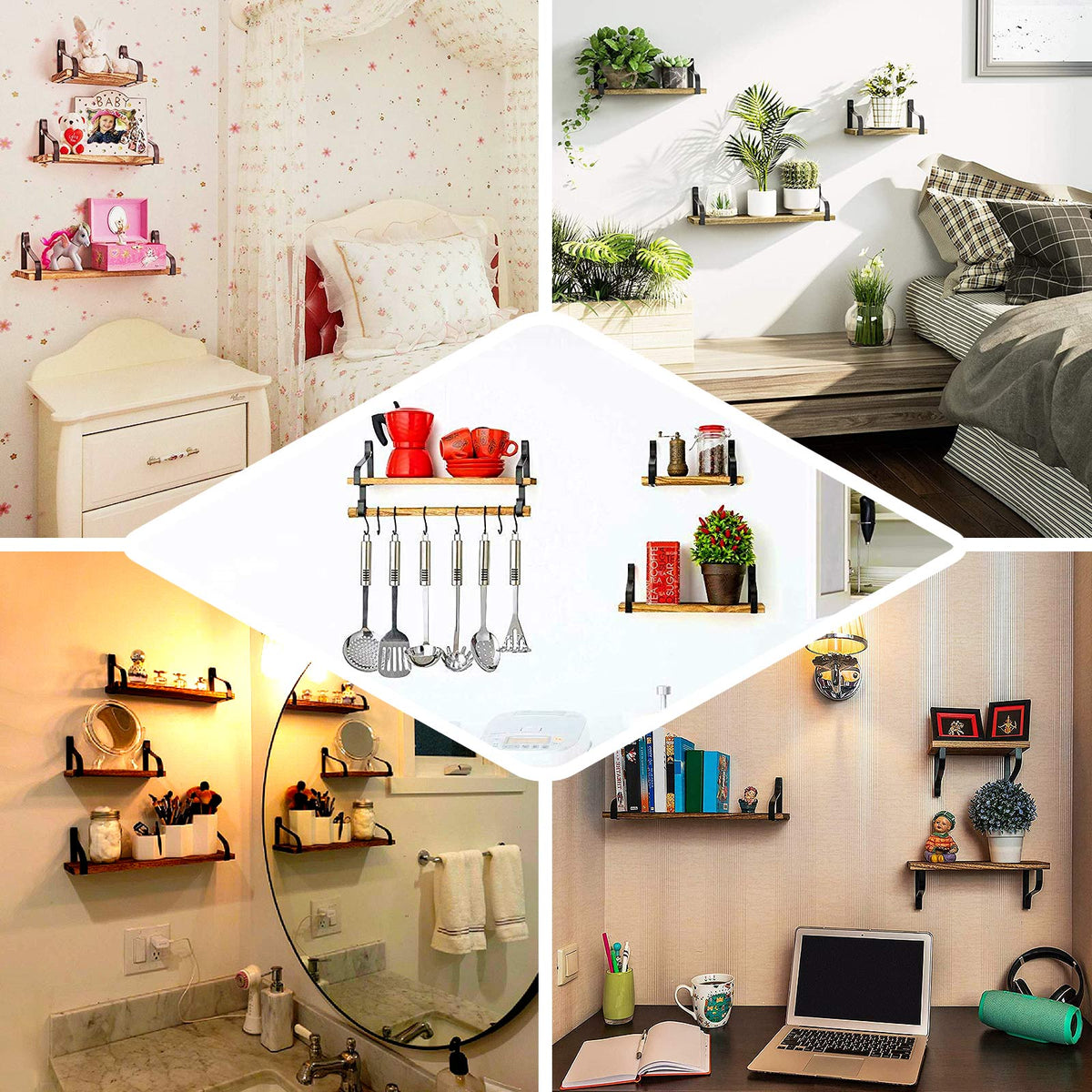 3 Pack | Wood/Metal Floating Wall Shelves Wall Mounted Shelf Set Decor ...
