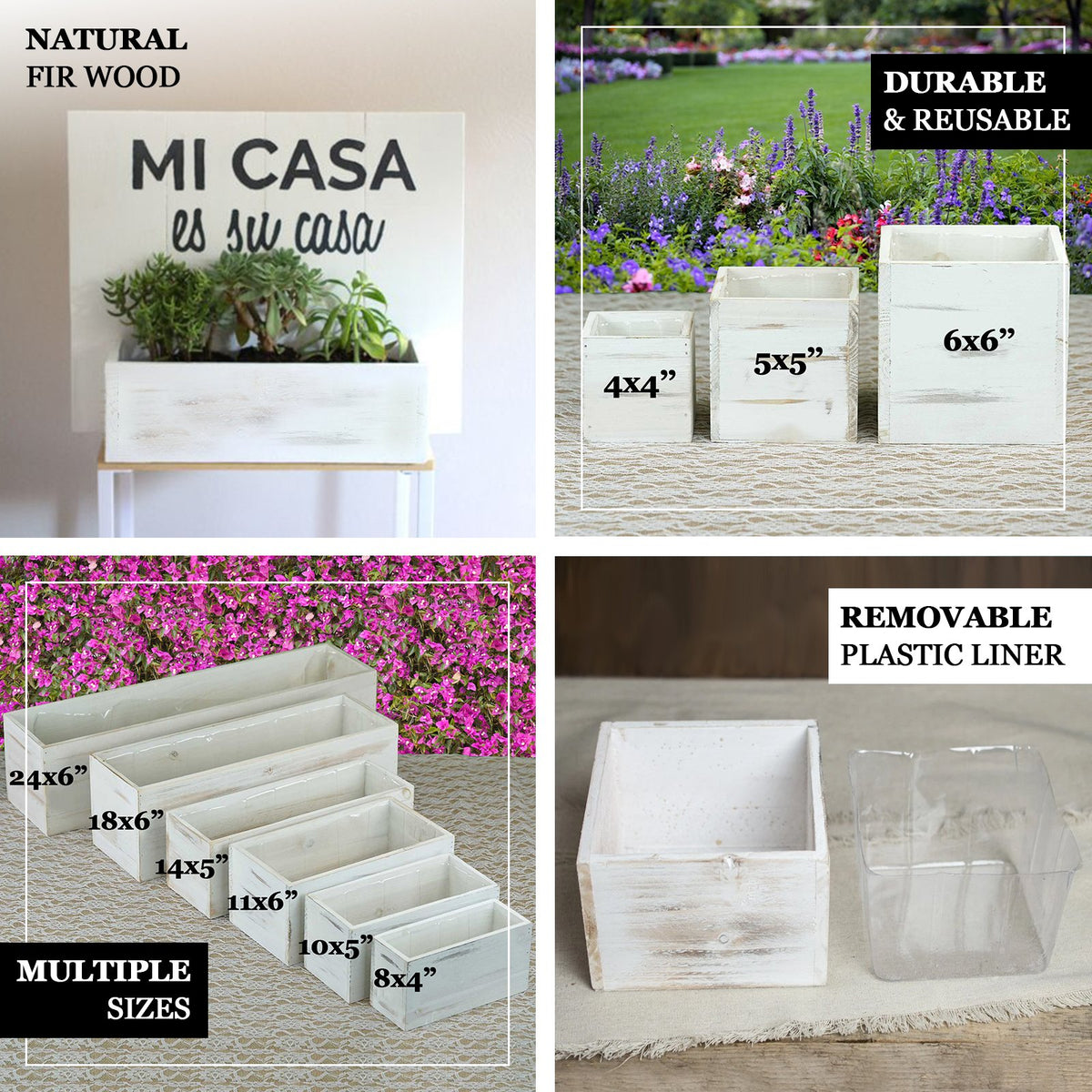 Whitewash Wood Planter Box Set with Plastic Liners