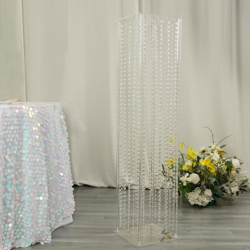 Heavy Duty Acrylic Flower Pedestal Vase with Hanging Crystal Beads, Clear Pillar Stand Floor Centerpieces With Pre-chained Garlands - 5mm Thick Plates