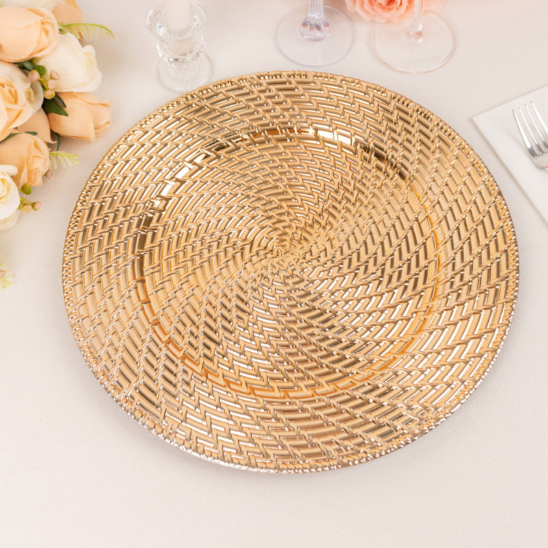 6 Pack Metallic Gold Swirl Rattan Acrylic Charger Plates, Farmhouse Plastic Serving Plates 13