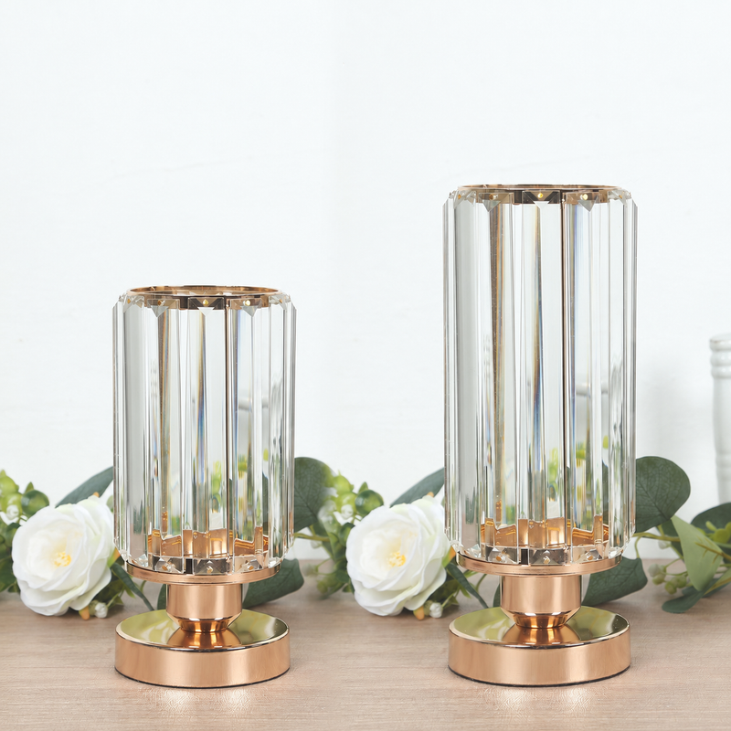 2 Pack Crystal Pendant Hurricane Candle Holders in Gold, Elegant Cylinder Design for Pillar Candles, Short-Stemmed Decorative Table Centerpieces