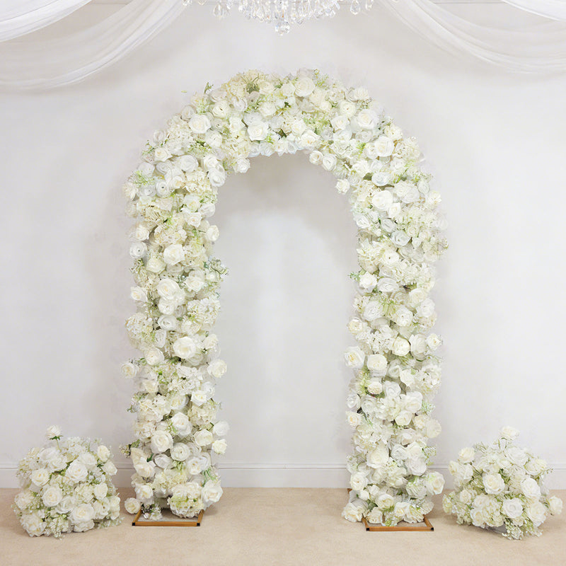 Flower Arch Backdrop White 4ft x 8ft Artificial Silk Roses & Baby's Breath Floral Arrangement for Round Top Double Arch Stand