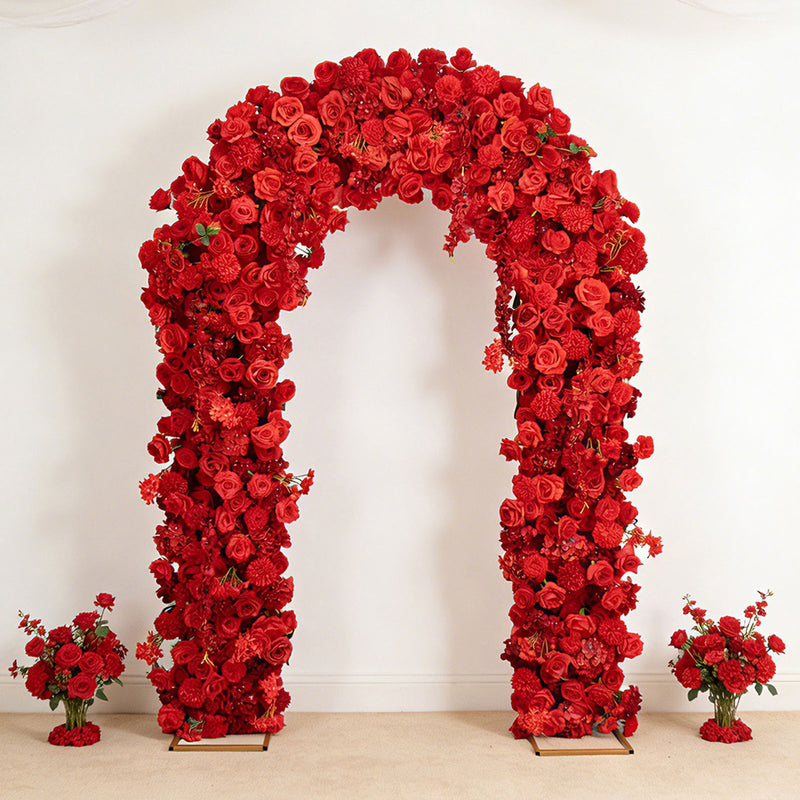 Flower Arch Backdrop 4ft x 8ft Artificial Silk Roses, Hydrangeas & Chrysanthemums Floral Arrangement for Round Top Double Arch Stand