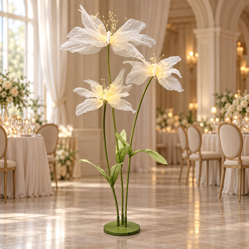 6.5ft Lighted Silk Butterfly Flower Arrangement – 3-Bloom White Netted-Silk Sheer Floral Decor with Fairy Lights, USB Powered