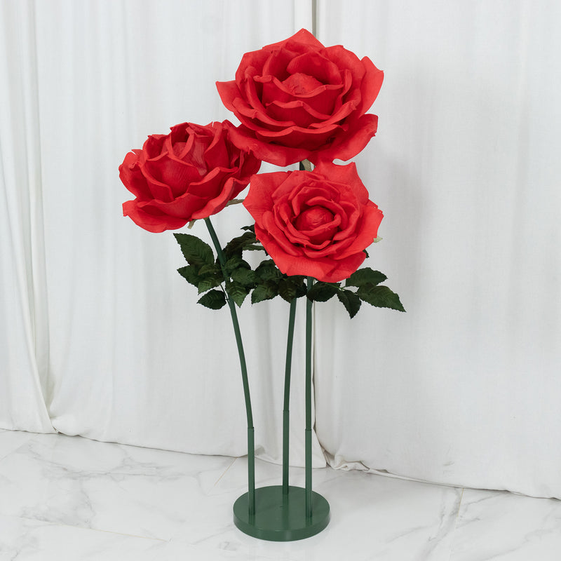 Giant Artificial Rose Decor Set – 3 Pcs Oversized Red Faux Flowers with Base Standing 4.5ft Tall Photo Booth Prop Parties, Backdrop Display