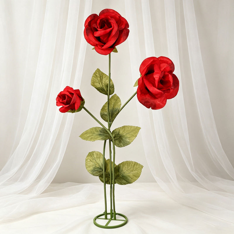 6.5ft Giant Paper Rose Floor Display Set, 3 Pcs Long Stem Artificial Roses with Metal Base - Freestanding Photo Booth Backdrop Decor