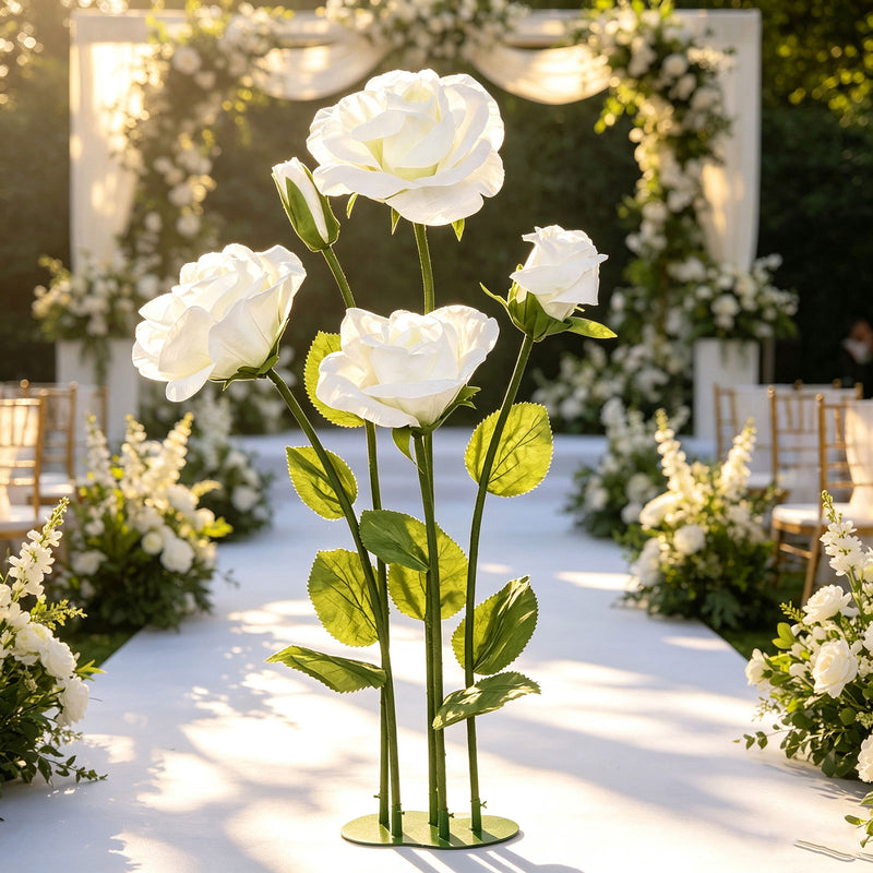 6ft Giant Paper Rose Floor Display Set, 5 Pcs Long Stem Roses with Bud & Metal Base, Freestanding Photo Booth Backdrop