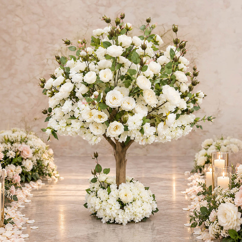 4ft Artificial Rose & Hydrangea Silk Flower Tree, White with Fiberglass Trunk -  Event Floor Display