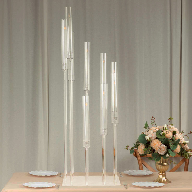 9 Arm Clear Acrylic Cluster Taper Candle Holder Candelabra, Pillar Candle Stick Stand With Square Base - 4ft Tall