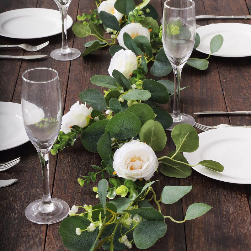 Artificial Eucalyptus Leaf Table Garland With 7 White Rose Flower Heads, Floral Greenery Hanging Vines - 5.5ft