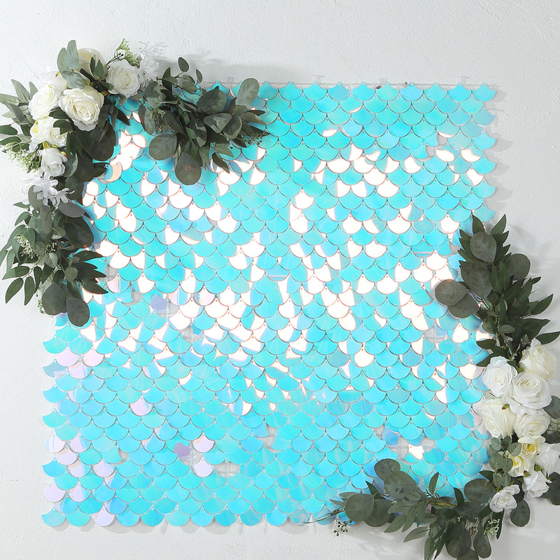 Iridescent Blue Mermaid Scales Sequin Shimmer Wall Photo Backdrop Panels, Shiny Party Wall Art Décor 24 Panels - 24sq.ft