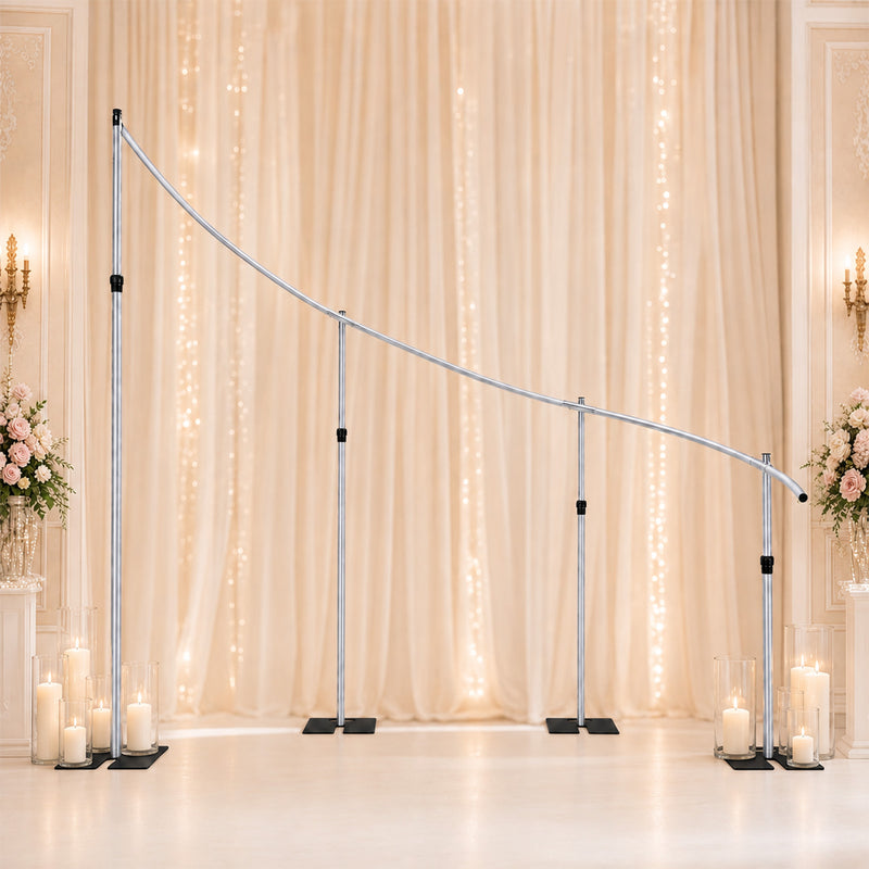 Curved Wave Wedding Arch Stand 11ft x 8ft, Heavy Duty Silver Aluminum Alloy Backdrop Frame with 4 Adjustable Height Support Poles & Steel Bases