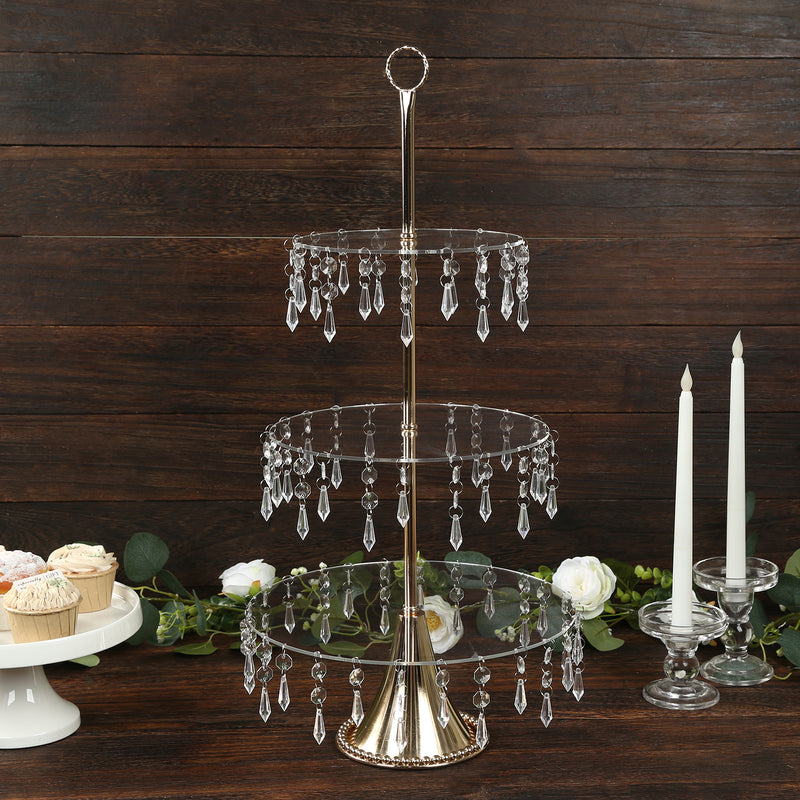 3-Tier Gold Cupcake Stand with Crystals – 2ft Tall Acrylic and Metal Dessert Display Tower