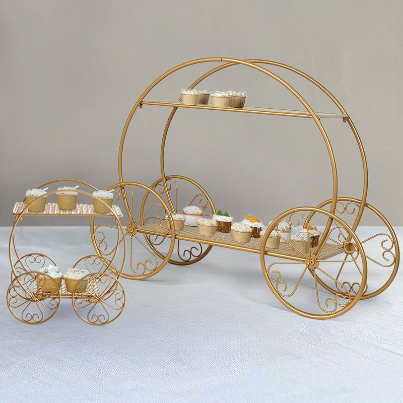 2-Tier Gold Cinderella Carriage Metal Pedestal Riser, Giant Princess Pumpkin Coach Centerpiece Dessert Display Stand