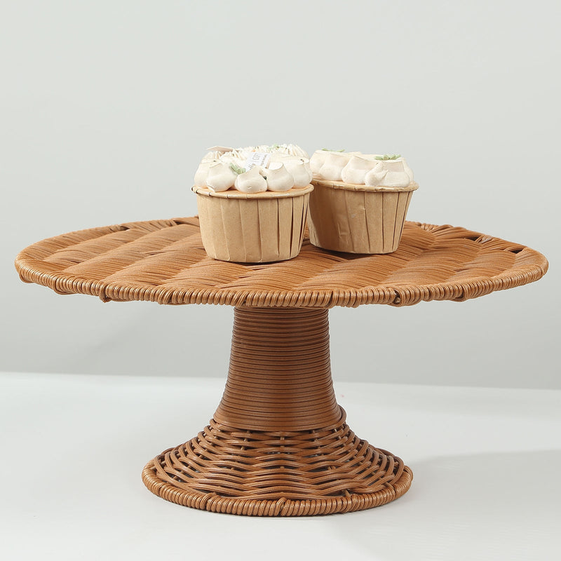 Natural Plastic Rattan Wicker Pedestal Riser, Round Rustic Dessert Holder Table Display Centerpiece Stand - 12