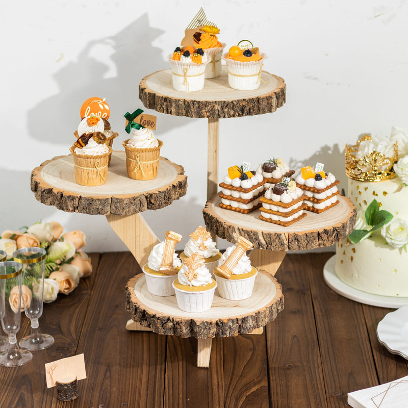 4-Tier Natural Farmhouse Style Wood Slice Pedestal Riser, Rustic Dessert Display Stand 15