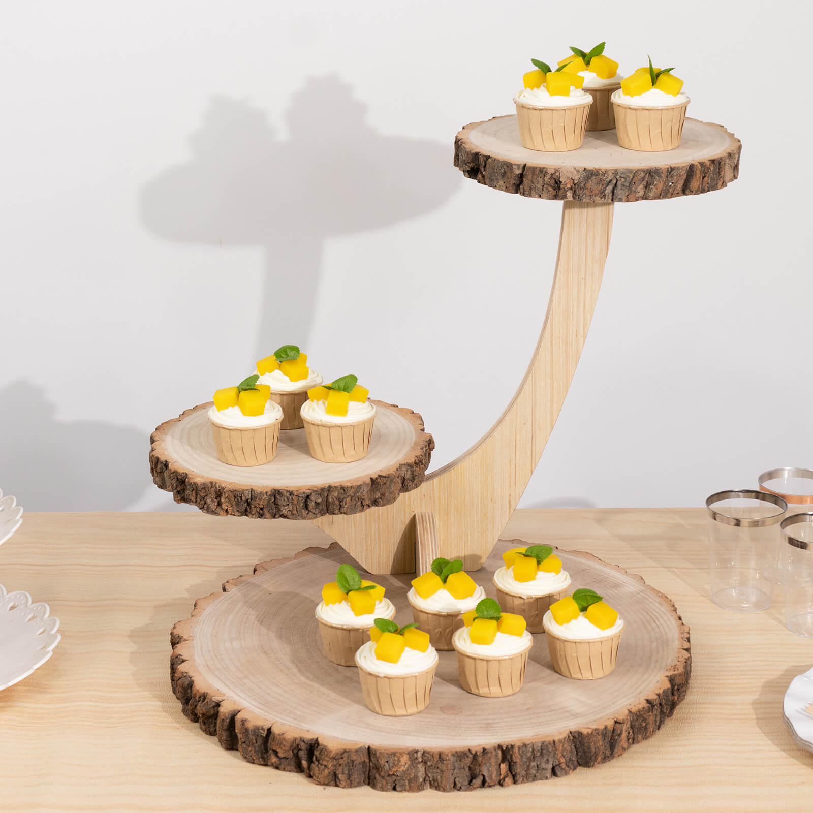 Tree Food Riser 3-Tier Natural Rustic Wood Slice Pedestal Riser in Tree Branch Style ...