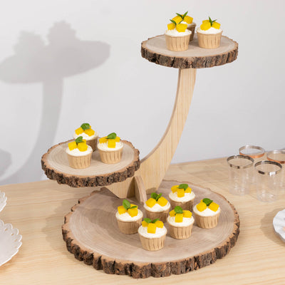 3 Tier Natural Rustic Wood Slice Pedestal Riser in Tree Branch Style Farmhouse Cake Dessert Display Stand 17 eHomemart