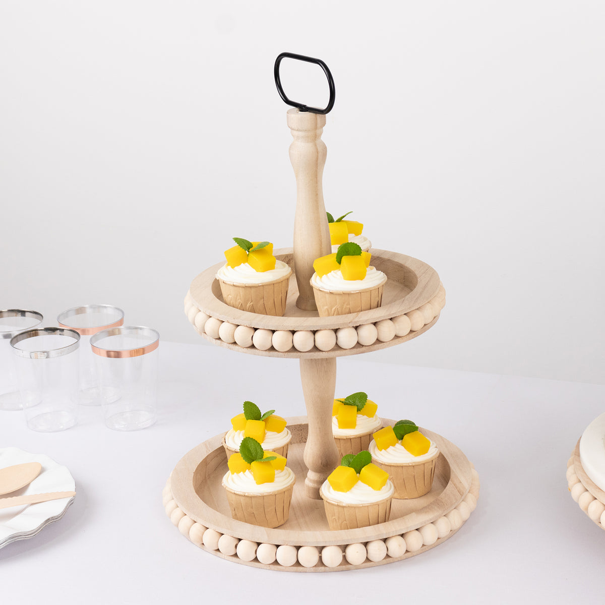 Service Tray Riser 2-Tier Natural Beaded Wooden Serving Tray Riser With Metal Handle ...