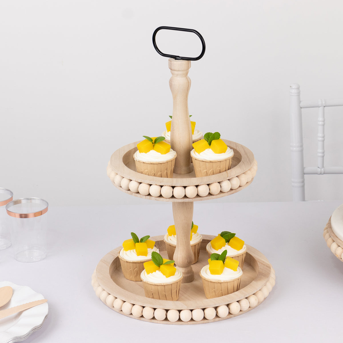 2-Tier Natural Beaded Wooden Serving Tray Riser With Metal Handle ...