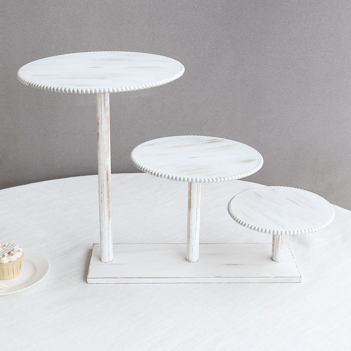 3-Tier Whitewash Wooden Pedestal Riser With Round Beaded Rim Trays, Rustic Tower Dessert Display ...