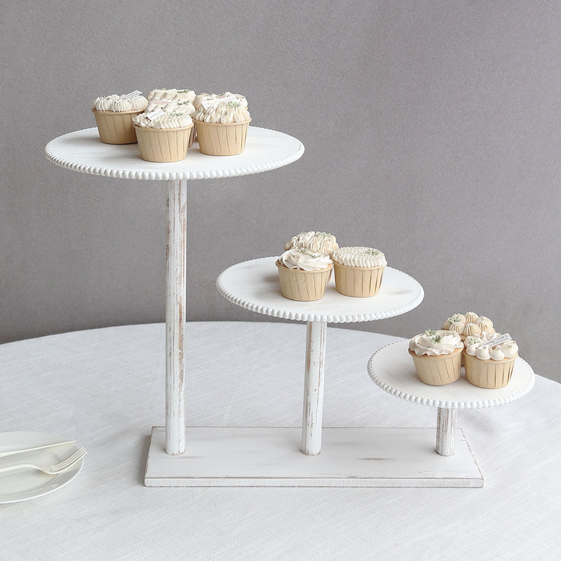 3-Tier Whitewash Wooden Pedestal Riser With Round Beaded Rim Trays, Rustic Tower Dessert Display Stand - 24