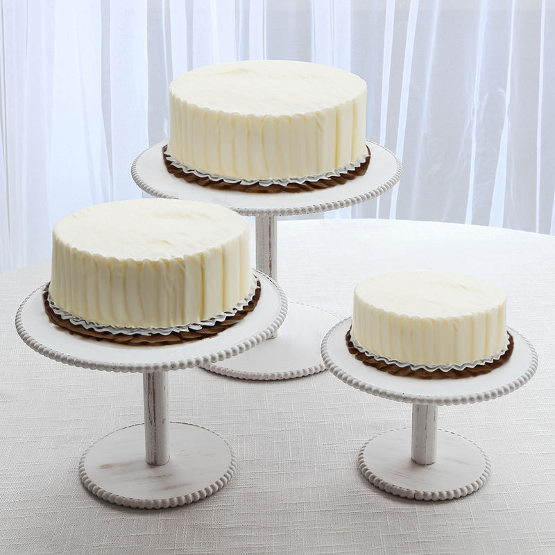 Set of 3 Whitewash Wooden Pedestal Risers with Round Beaded Rim Trays, Stackable Rustic Dessert Display Stands - 8