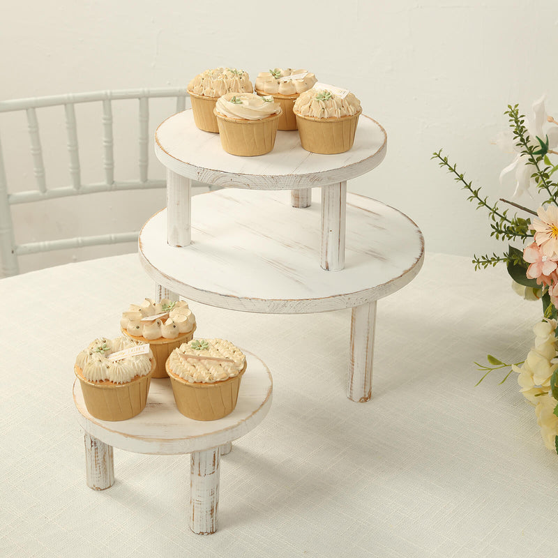 Set of 3 Whitewash Wooden Pedestal Risers with Removable Legs, Stackable Round Rustic Cupcake Dessert Display Stands - 7