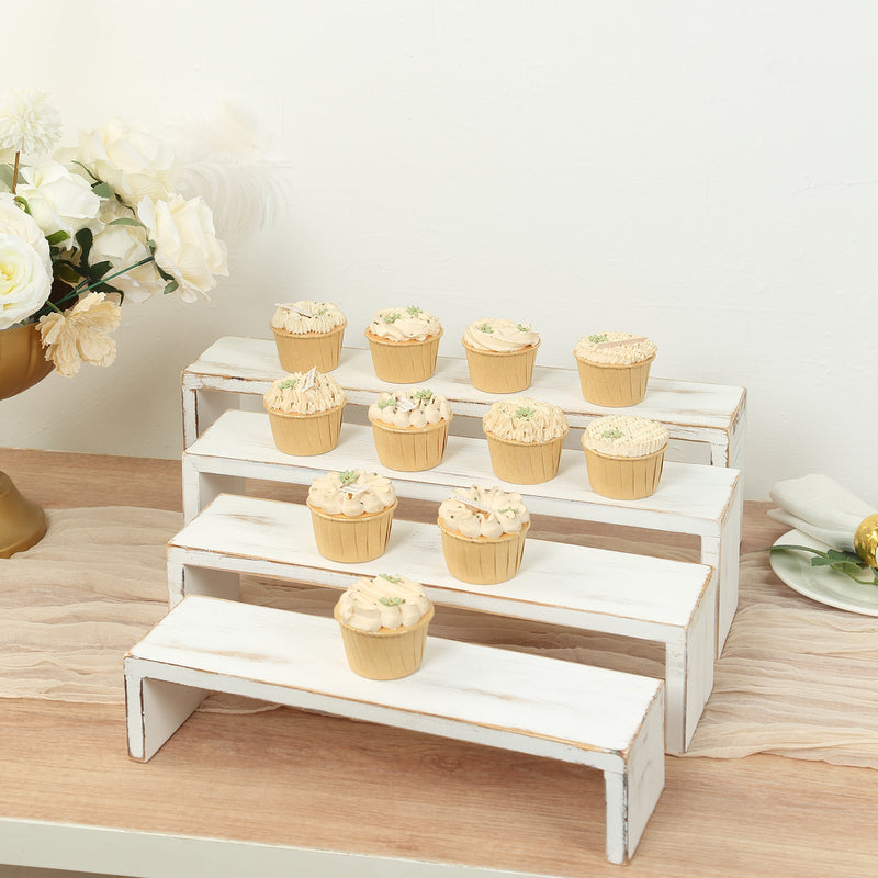 Set of 4 Whitewash Wood Pedestal Risers in Rectangular Bench Style, Stackable Rustic Farmhouse Nesting Dessert Display Stands - 14