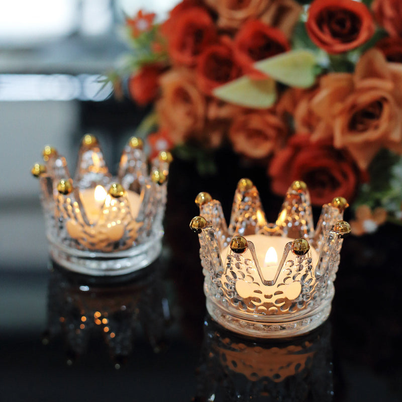 6 Pack Clear Crystal Glass Crown Tea Light Votive Candle Holders With Gold Beaded Tips - 3