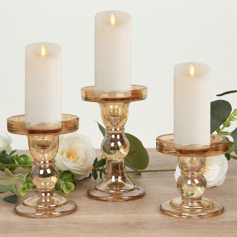 Set of 3 Premium Glass Pillar Candle Holders with Round Candle Tray, Crystal Ball Stem Taper Candlestick Stands Tea Light Holders with Stable Base - 3.5