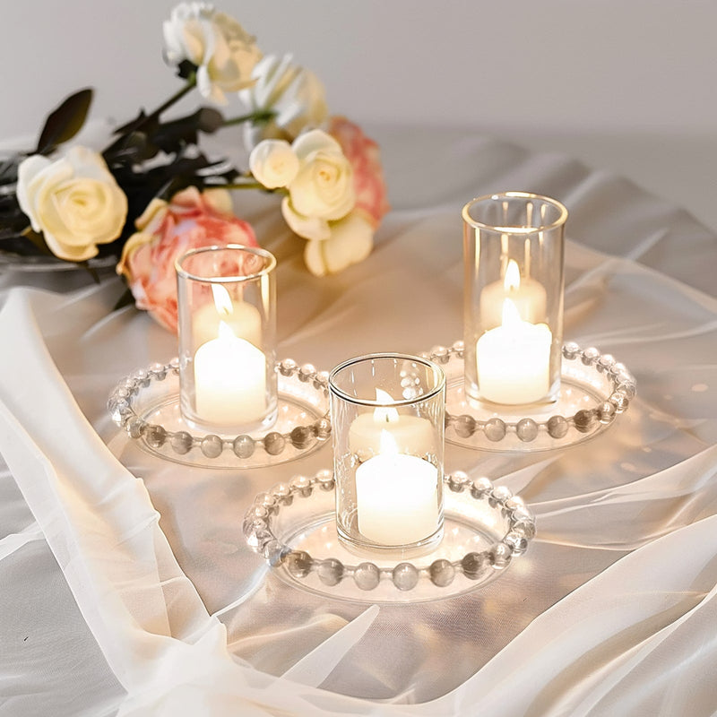 6 Pack Clear Glass Pillar Candle Holder Plates with Beaded Rims, Transparent Small Round Coasters Candle Trays - 4