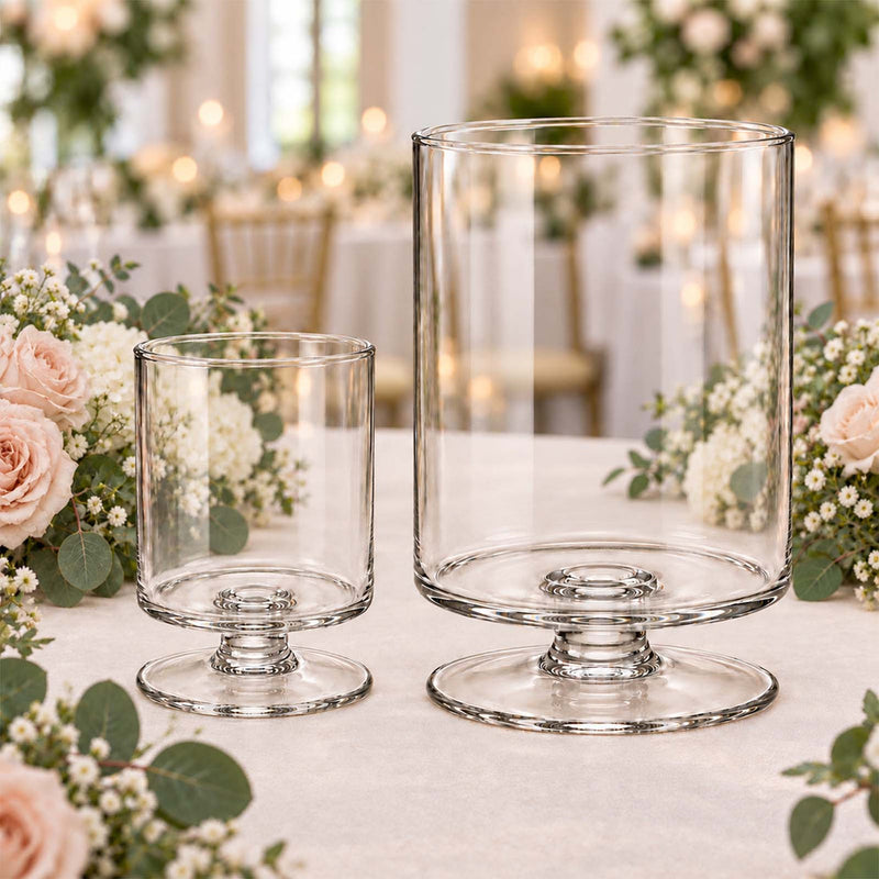 4 Pack Clear Glass Hurricane Candle Holders with Short Stem for Pillar Candles