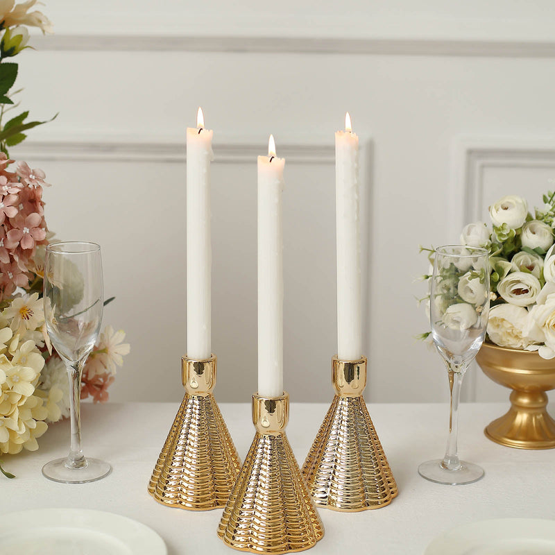 3 Pack Metallic Gold Ribbed Ceramic Taper Candle Holders, Cone Shaped Candlestick Stands 5