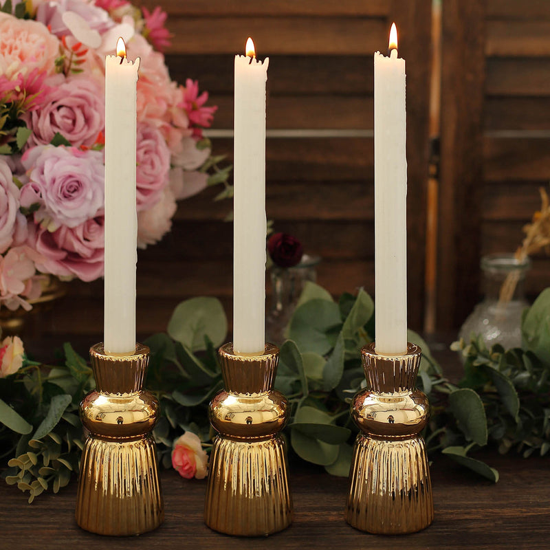 3 Pack Metallic Gold Fluted Ball Neck Ceramic Taper Candle Holders, Ribbed Candlestick Stands 5