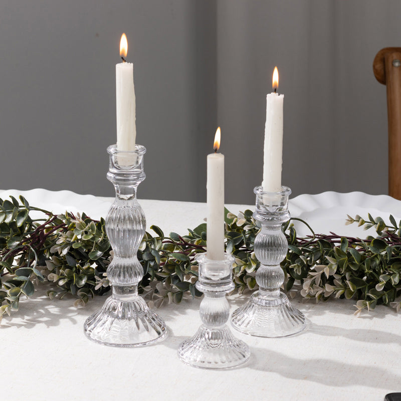 Set of 3 Clear Fluted Glass Taper Candle Holders, Ribbed Crystal Candlestick Stands - 4