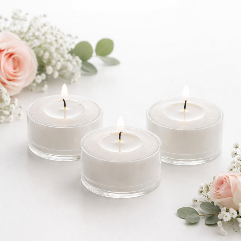 100 Pack White Unscented Tealight Candles – 7-Hour Extended Burn Time, Smokeless, Clean-Burning Wax, Clear Plastic Cups