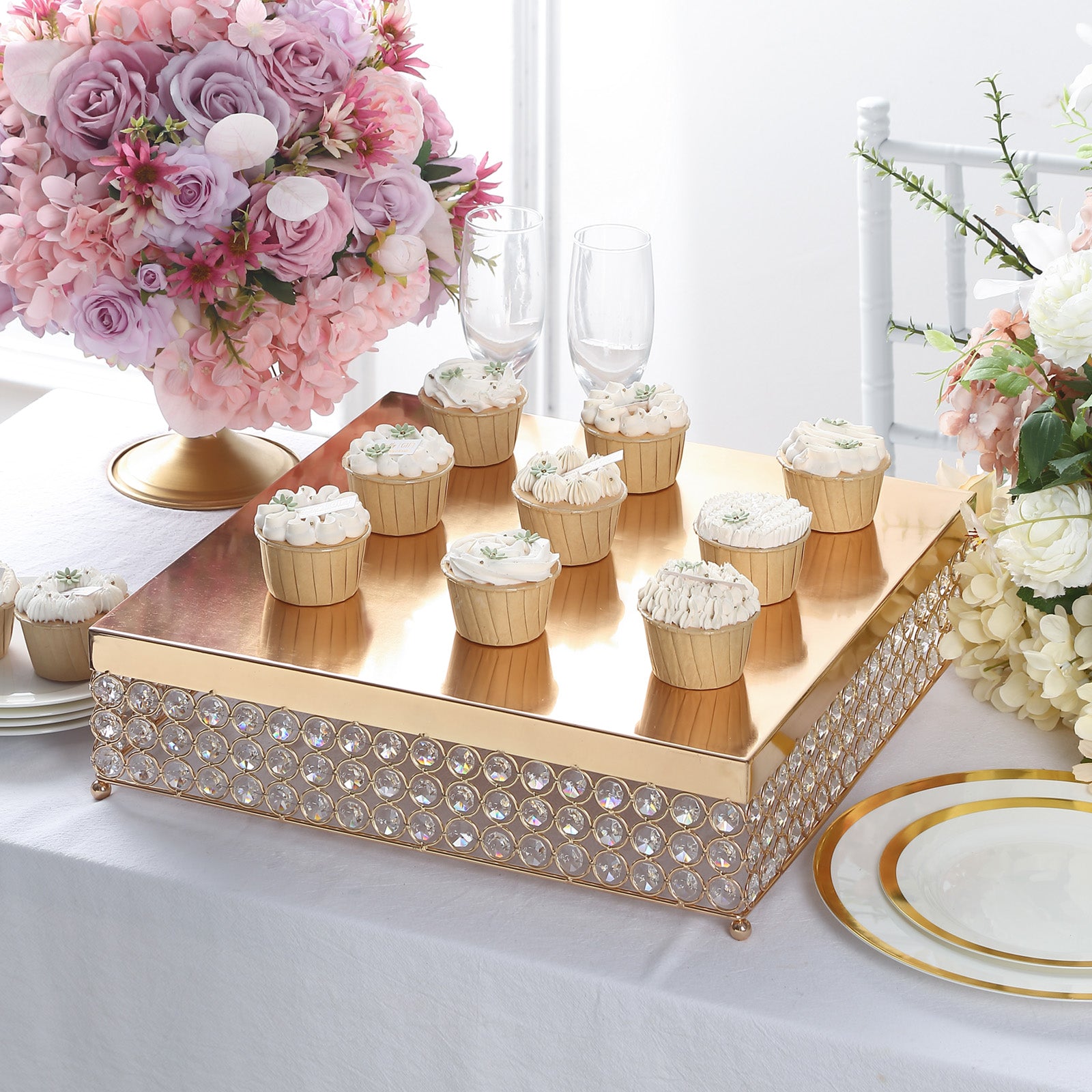 Square Crystal Beaded Metal Pedestal Riser, Dessert Display Stand ...