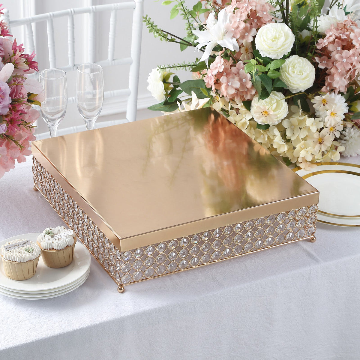 Square Crystal Beaded Metal Pedestal Riser, Dessert Display Stand ...