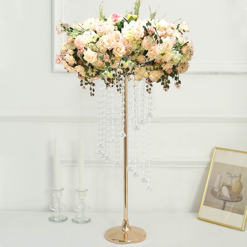 2 Pack Gold Metal Flower Stand Table Centerpiece with Spiral Hanging Beads, Crystal Flower Pedestal Centerpiece 24