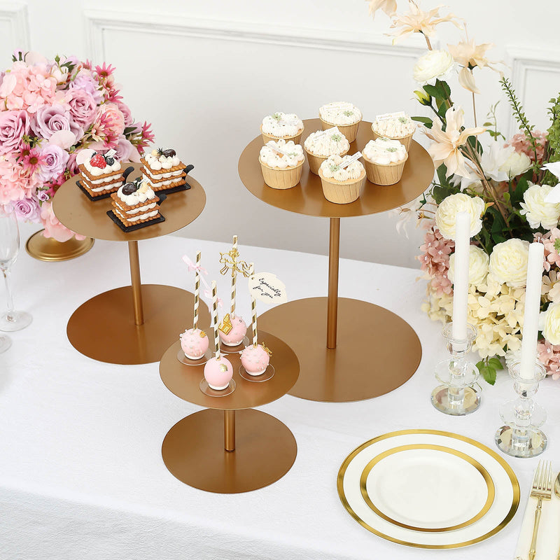 Set of 3 | Gold Heavy Duty Metal Round Pedestal Risers, Dessert Display Stands- 8