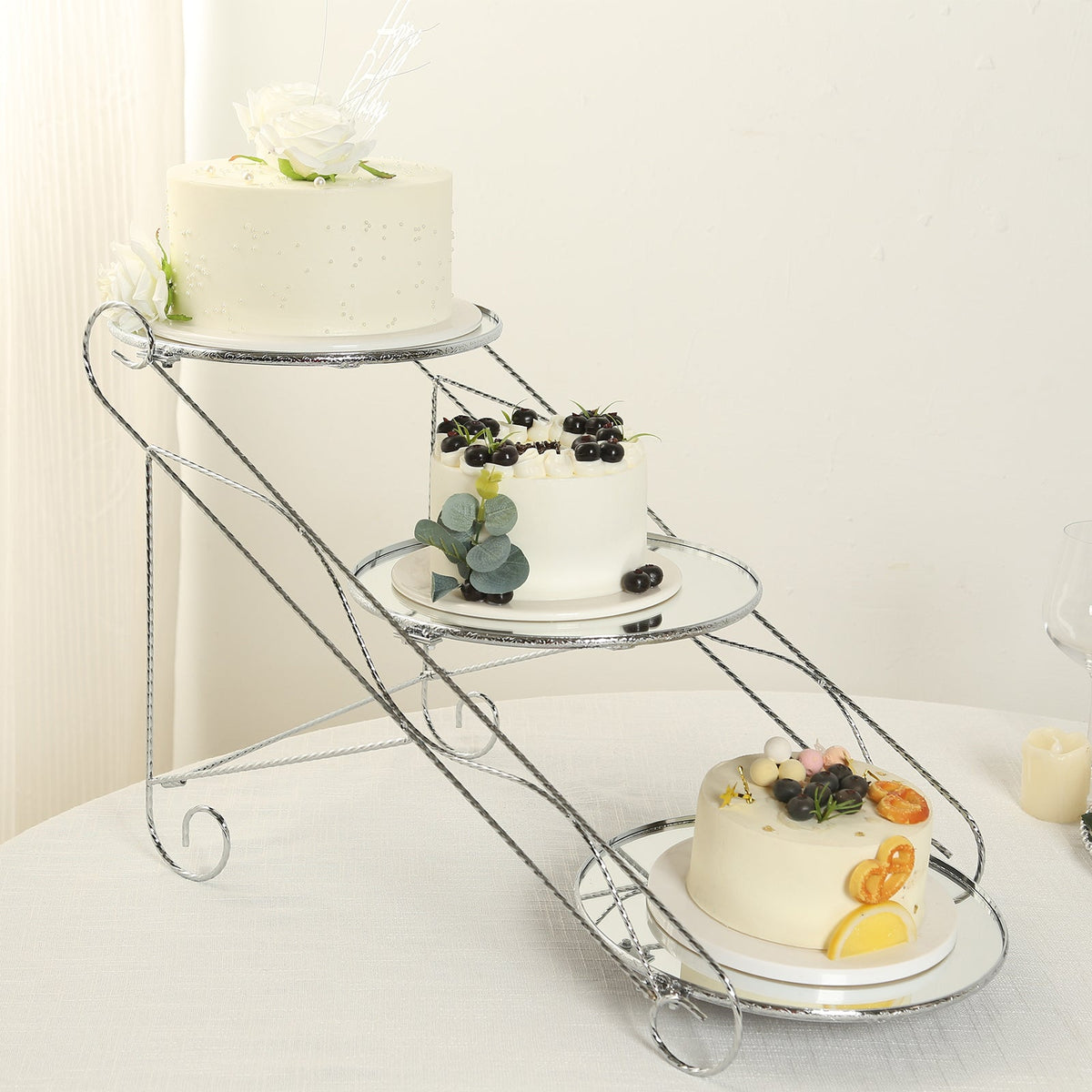 3-Tier Silver Cascading Metal Riser With Round Mirror Trays, Dessert ...
